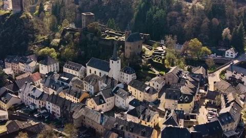 Aerial view around the old town of the city Esch-sur-Sure Stock-Footage 339798672