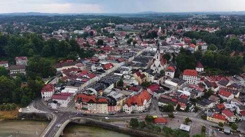 Aerial view around the old town of the city Bad Tölz Stockbeeldmateriaal 340607381