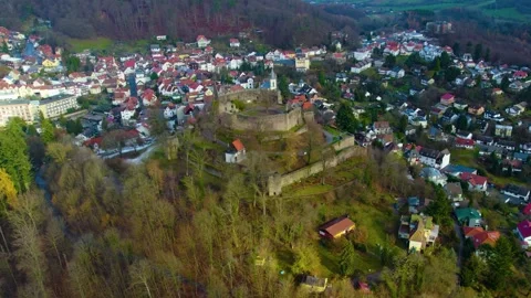 Aerial view around the old town of the city Lindenfels, Germany Stock Footage 340853215