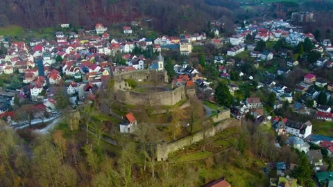 Aerial view around the old town of the city Lindenfels, Germany Stockbeeldmateriaal 340854858