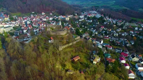 Aerial view around the old town of the city Lindenfels, Germany 動画素材 340854882