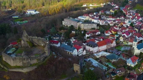Aerial view around the old town of the city Lindenfels, Germany 動画素材 340855021