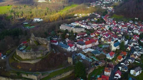 Aerial view around the old town of the city Lindenfels, Germany Stockbeeldmateriaal 340855086