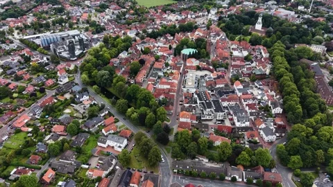 Aerial view around the old town of the city Jever Stock Footage 340902693