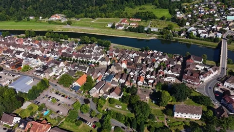 Aerial view around the old town of the city Bodenwerder Stock Footage 340912233