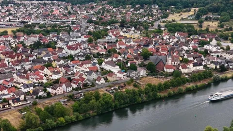 Aerial view around the old town of the city Erlenbach am Main Stockbeeldmateriaal 341029095
