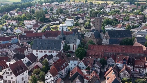 Aerial view around the old town of the city Steinau an der Straße Stockbeeldmateriaal 341033976