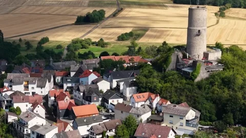 Aerial view around the old town of the city Biebertal , Germany Video stock 341291113
