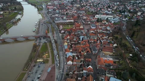 Aerial view around the old town of the city Miltenberg in Germany Stock Footage 341704576