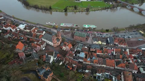 Aerial view around the old town of the city Miltenberg in Germany Stock Footage 341704577
