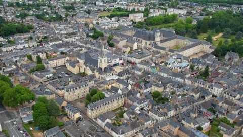Aerial view around the old town of the city La Fleche Видео 344719746