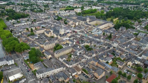 Aerial view around the old town of the city La Fleche Видео 344719760