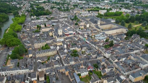 Aerial view around the old town of the city La Fleche Видео 344719811