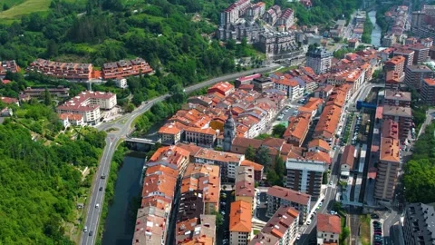 Aerial view around the old town of the city Elgoibar in Spain, Stock-Footage 344761343