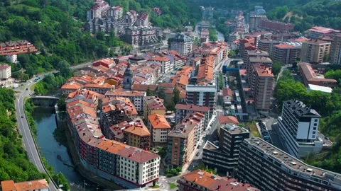 Aerial view around the old town of the city Elgoibar in Spain, Stock-Footage 344761377