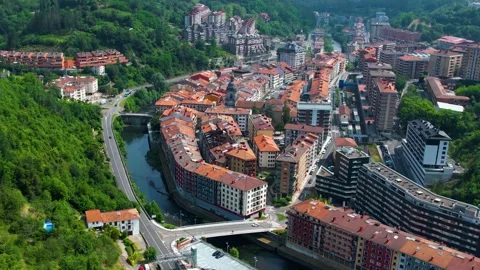 Aerial view around the old town of the city Elgoibar in Spain, Stock-Footage 344761432
