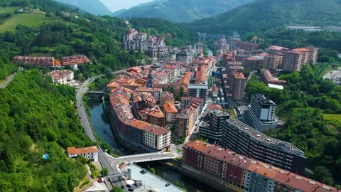 Aerial view around the old town of the city Elgoibar in Spain, Stock-Footage 344761494