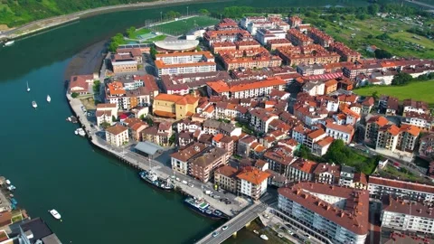 Aerial view around the old town of the harbor city orio in Spain Stock-Footage 344761901