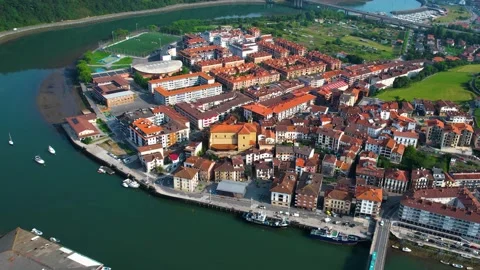 Aerial view around the old town of the harbor city orio in Spain Stock-Footage 344761971