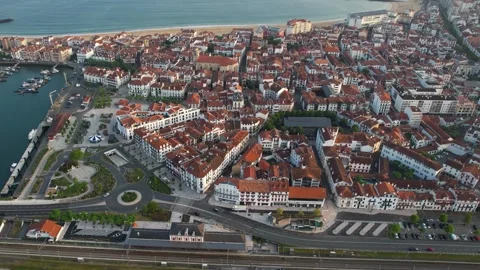 Aerial view around the old town of the city Saint-Jean-de-Luz in Spain Stock-Footage 344762097