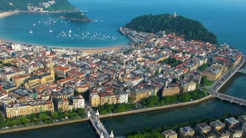 Aerial view around the old town of the city San Sebastian in Spain Stock-Footage 344762321