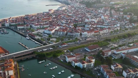 Aerial view around the old town of the city Saint-Jean-de-Luz in Spain Stock-Footage 344762353