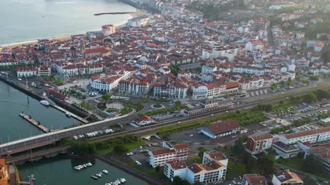 Aerial view around the old town of the city Saint-Jean-de-Luz in Spain Stock-Footage 344762354