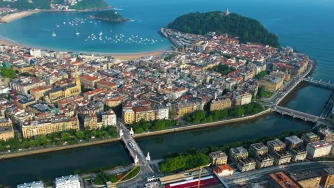 Aerial view around the old town of the city San Sebastian in Spain Stock-Footage 344762389