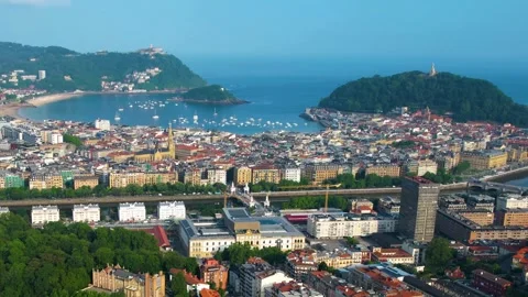 Aerial view around the old town of the city San Sebastian in Spain Stock-Footage 344762481