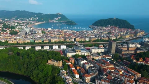 Aerial view around the old town of the city San Sebastian in Spain Stock-Footage 344762530