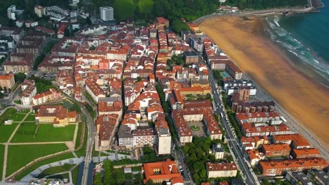 Aerial view around the old town of the city Zarautz in Spain Stock-Footage 344762589