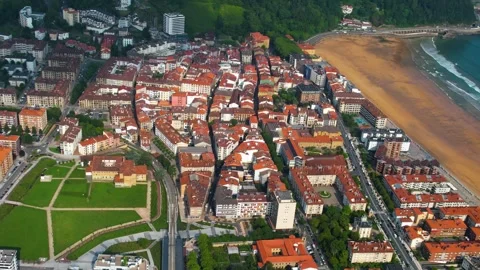 Aerial view around the old town of the city Zarautz in Spain Stock-Footage 344762634