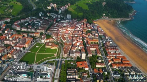 Aerial view around the old town of the city Zarautz in Spain Stock-Footage 344762643