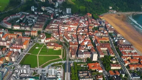 Aerial view around the old town of the city Zarautz in Spain Stock-Footage 344762670