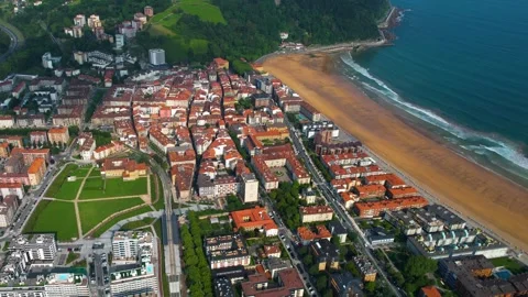 Aerial view around the old town of the city Zarautz in Spain Stock-Footage 344762675