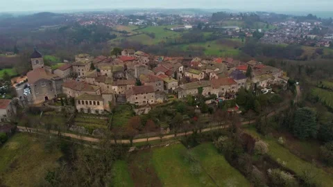 Aerial view around the village Pérouges in France Stock Footage 236985921