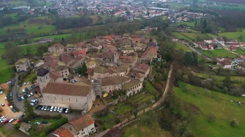 Aerial view around the village Pérouges in France Stock Footage 236986506