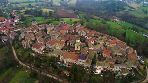 Aerial view around the village Pérouges in France Stock Footage 236987642
