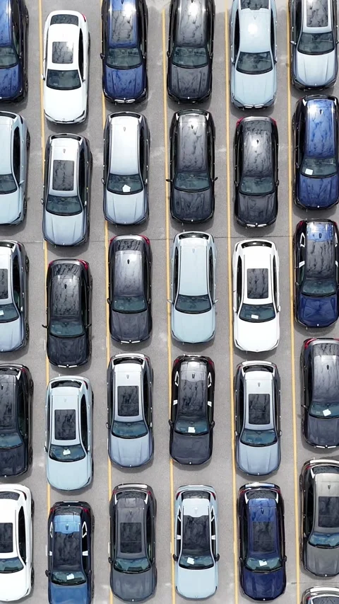 An Aerial View of an Array of Parked Cars in a Modern, Large Parking Lot Setting Stock Footage 318117729