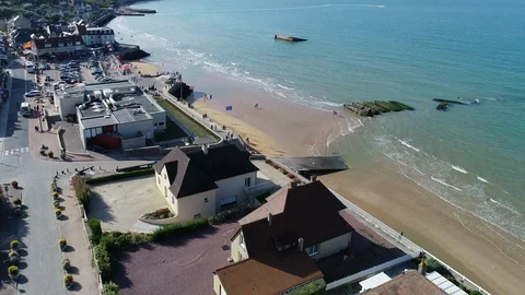 Aerial view of Arromanches Stock Footage 95394006
