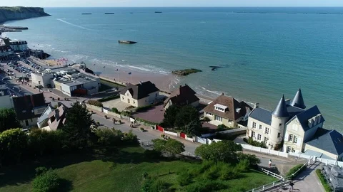 Aerial view of Arromanches Stock Footage 95394018