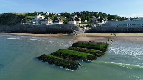 Aerial view of Arromanches Stock Footage 95394898