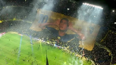 Aerial view of artificial games over the stadium, "La Bombonera" f Vídeo Stock 276242169