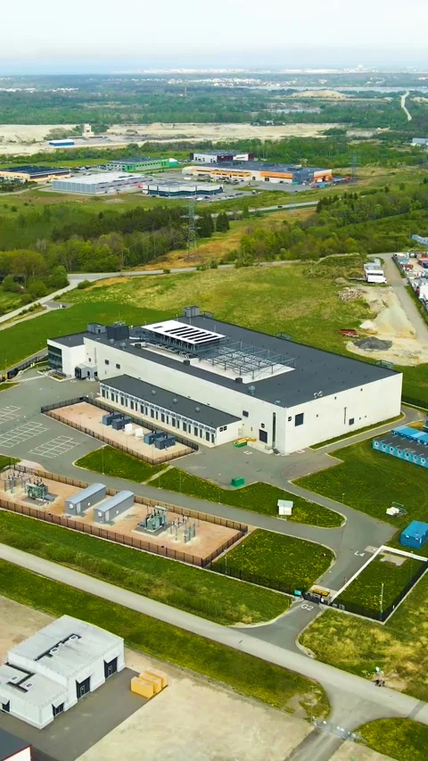 Aerial View of an Artificial Intelligence Data Center and Electrical Substation Stock Footage 336072903
