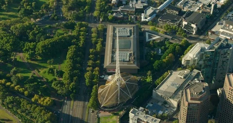 Aerial view The Arts Centre Melbourne at sunrise Stock Footage 91515844