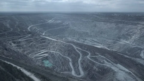 Aerial view of asbestos opencast mining quarry Stock Footage 99104537