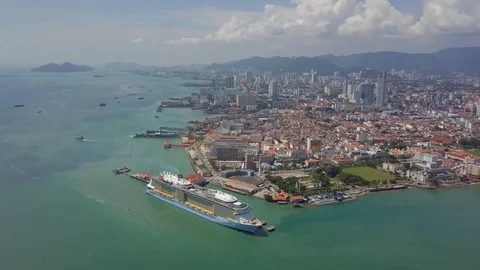 Aerial view ascending look down cruise at Penang Island. Stock Footage 121113713