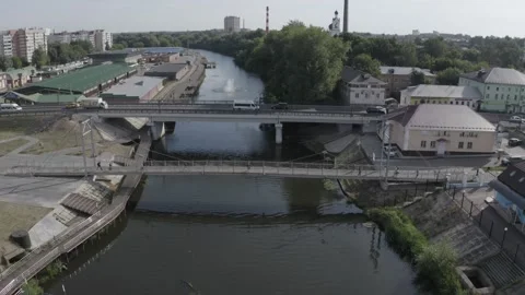 Aerial view ascending over river and bridges Stock Footage 332683286