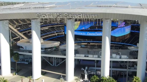 Aerial View Ascending SoFi Stadium Signage and Screen in Inglewood CA Stock Footage 334696098