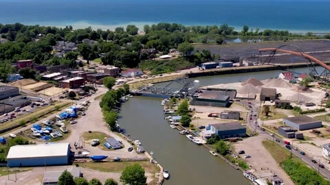 Aerial view of Ashtabula cityscape and Lift Bridge across Ashtabula river i.. Stock Footage 314864837